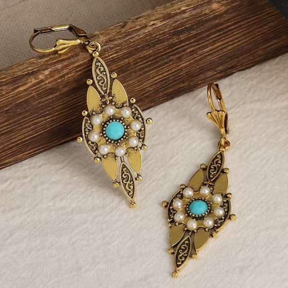 Victorian Gold Filigree Drop Earrings with Turquoise & Pearl Accents - Picture 3 of 6